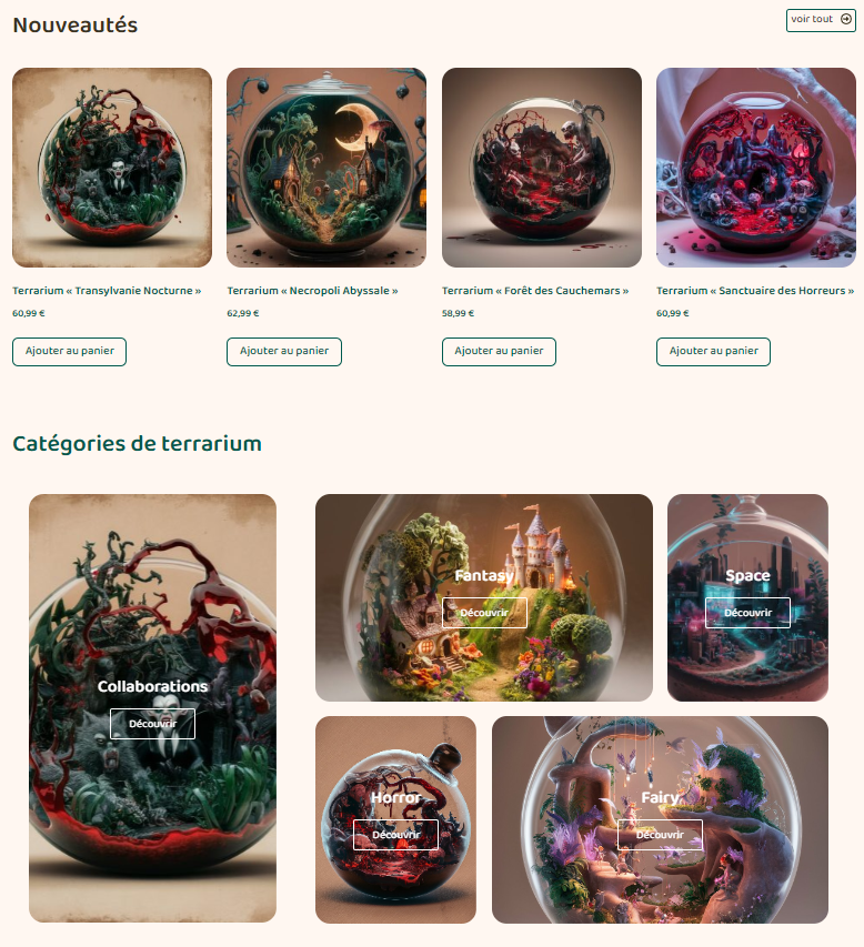 Section nouveautés de la page d'accueil Tinyworld