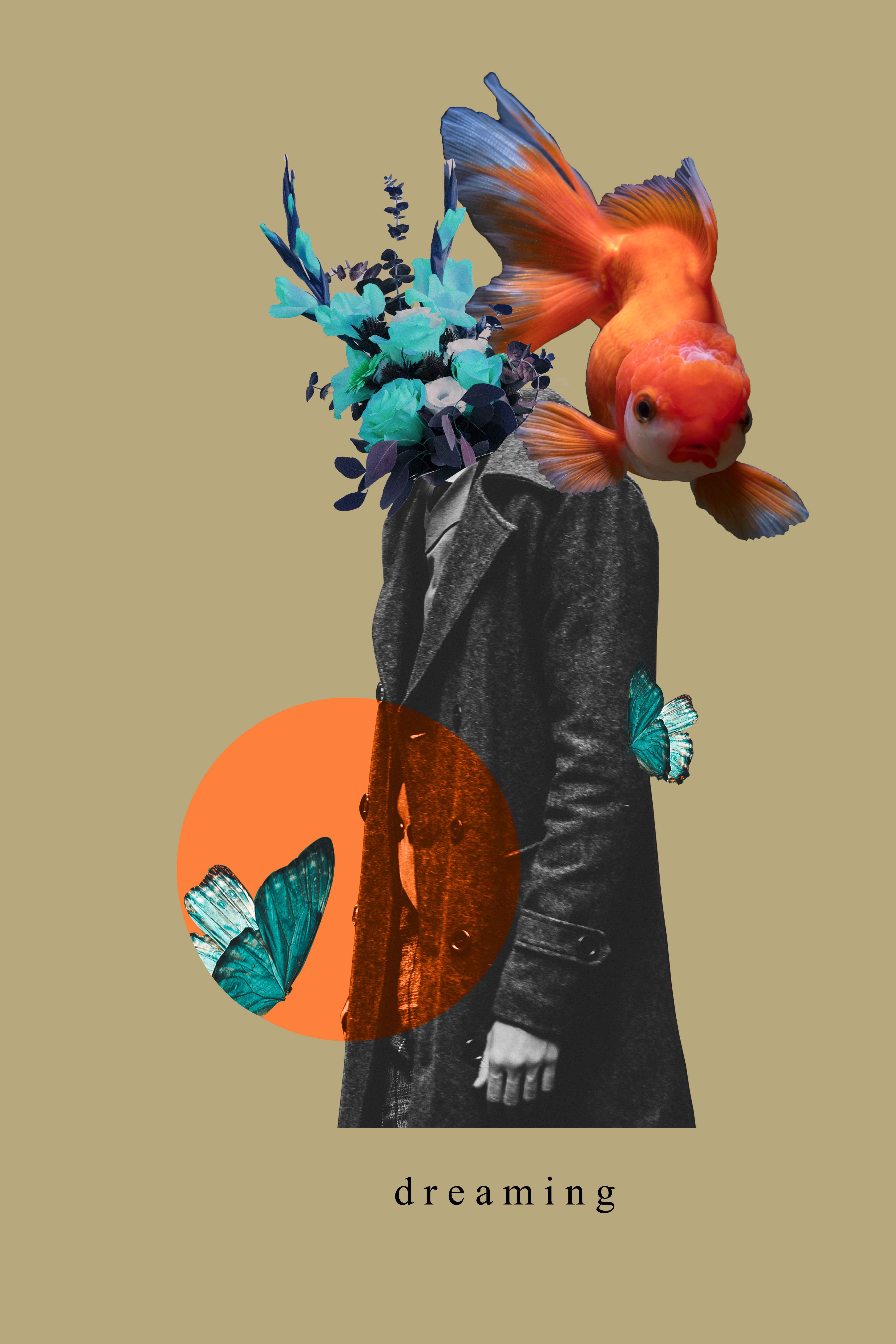 Montage Photoshop : silhouette en noir et blanc, poisson rouge, papillons et fleurs sur fond beige
